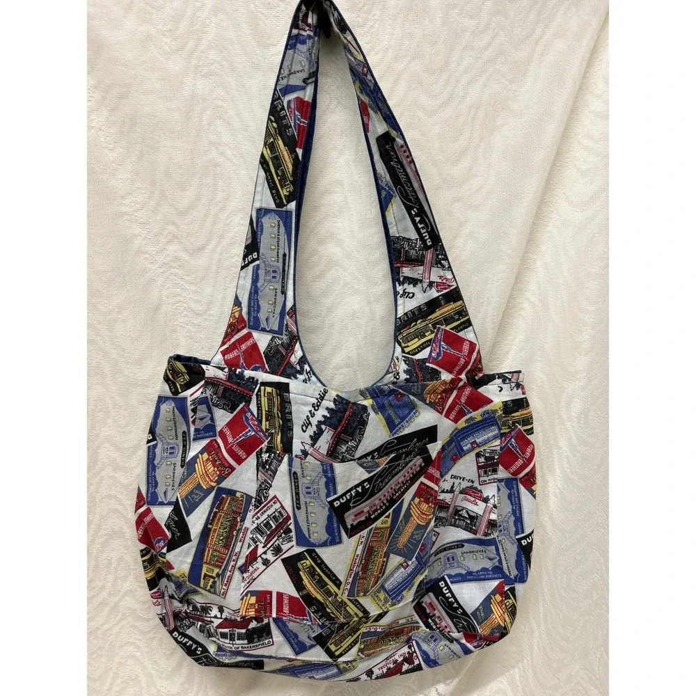 Handmade Reversible Tote‎ Bag Vintage Diner Roadside Print Denim Hobo Bucket Bag